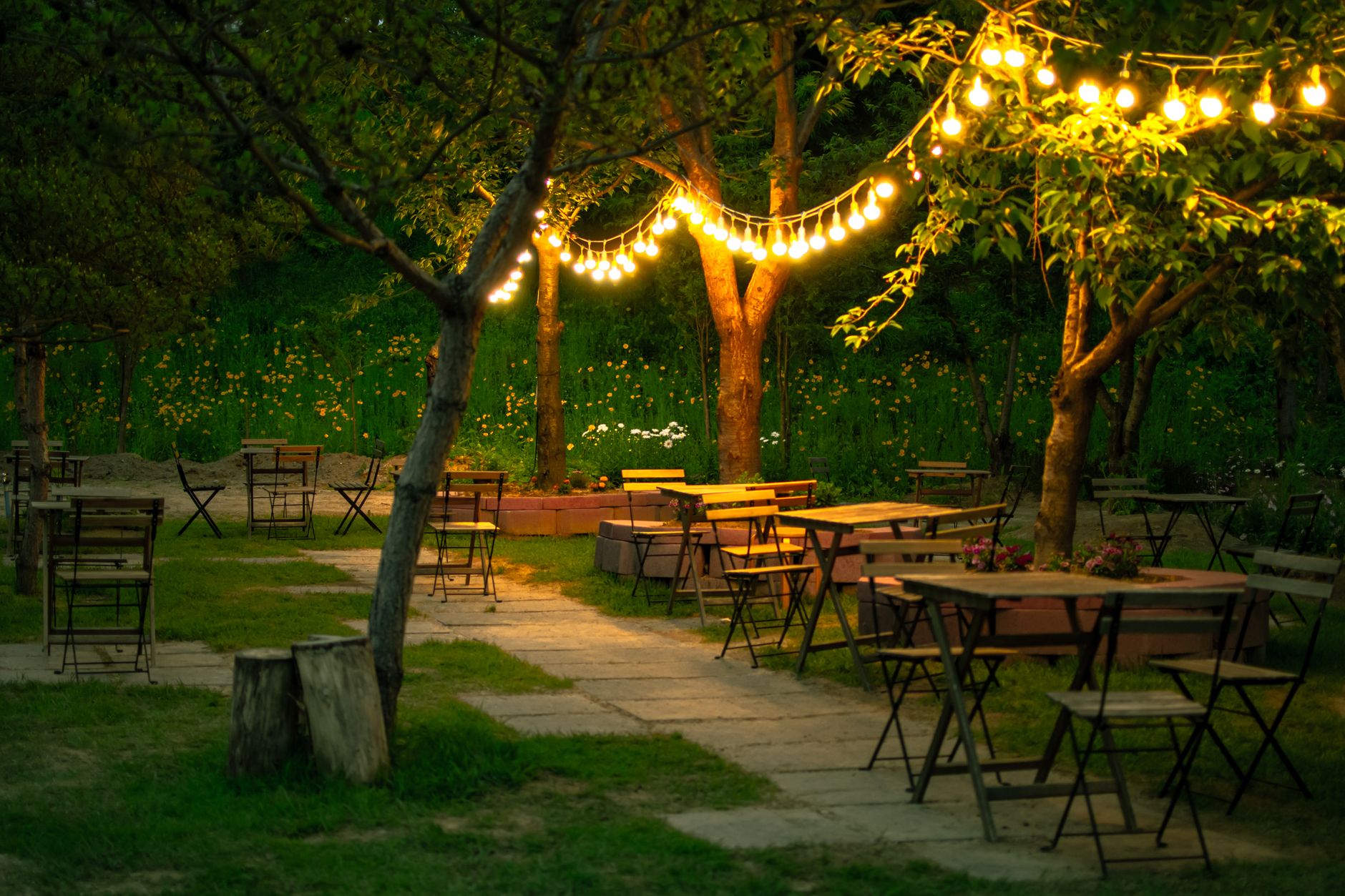 String lights over empty outdoor cafe tables in a leafy garden at night