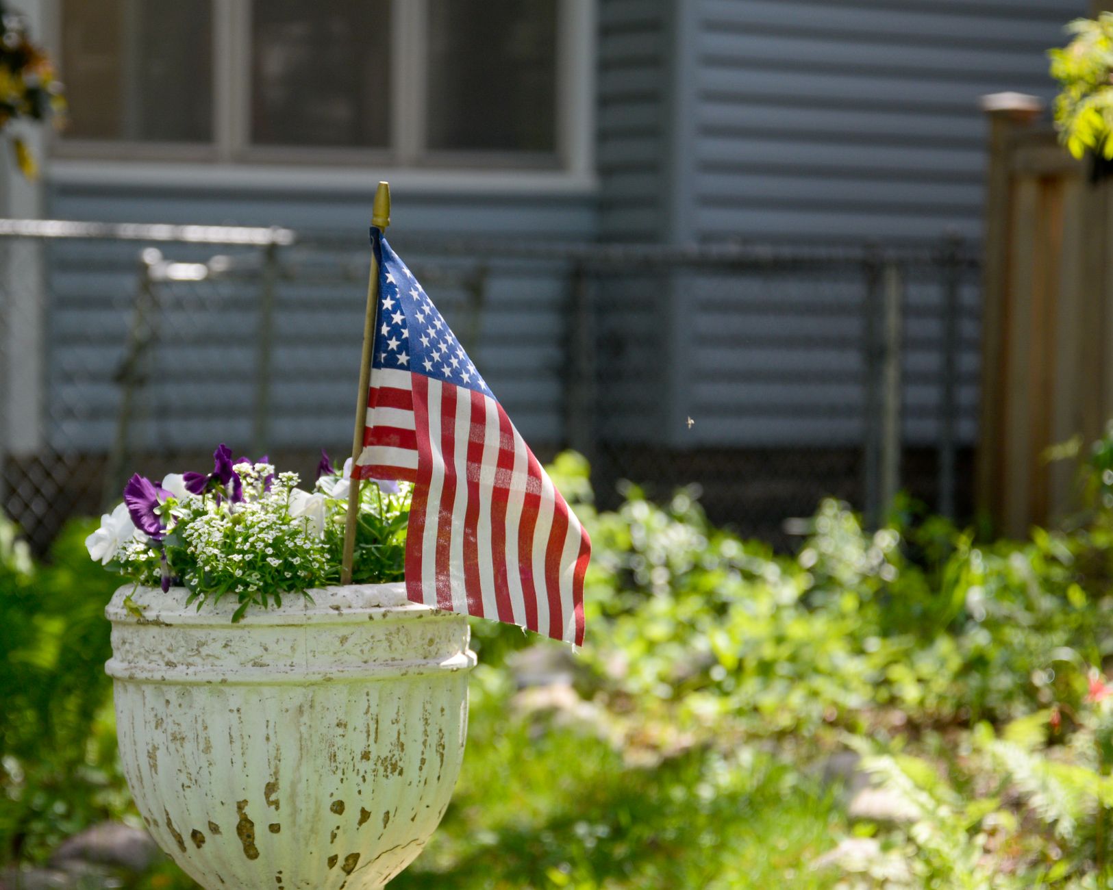 A small American flag standing in a weathered white planter of purple and white flowers in a sunny yard